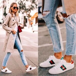 Gucci Ace Bee Embroidered Sneakers White leather Web Stripe EU 37.5 US 7.5